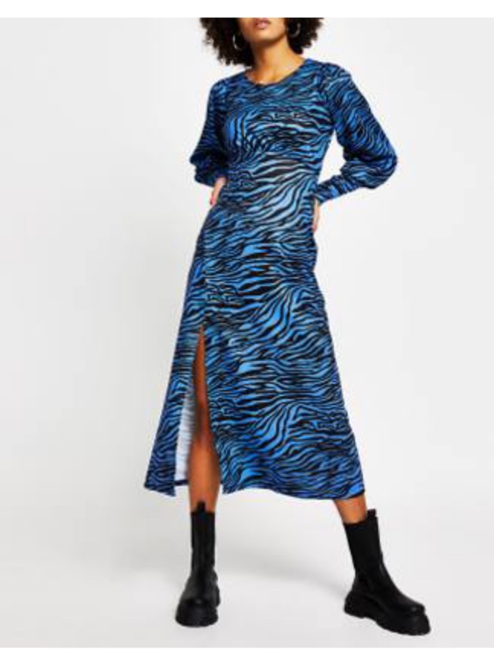 River Island Blue Zebra-Print Midi Skirt with Front Slit